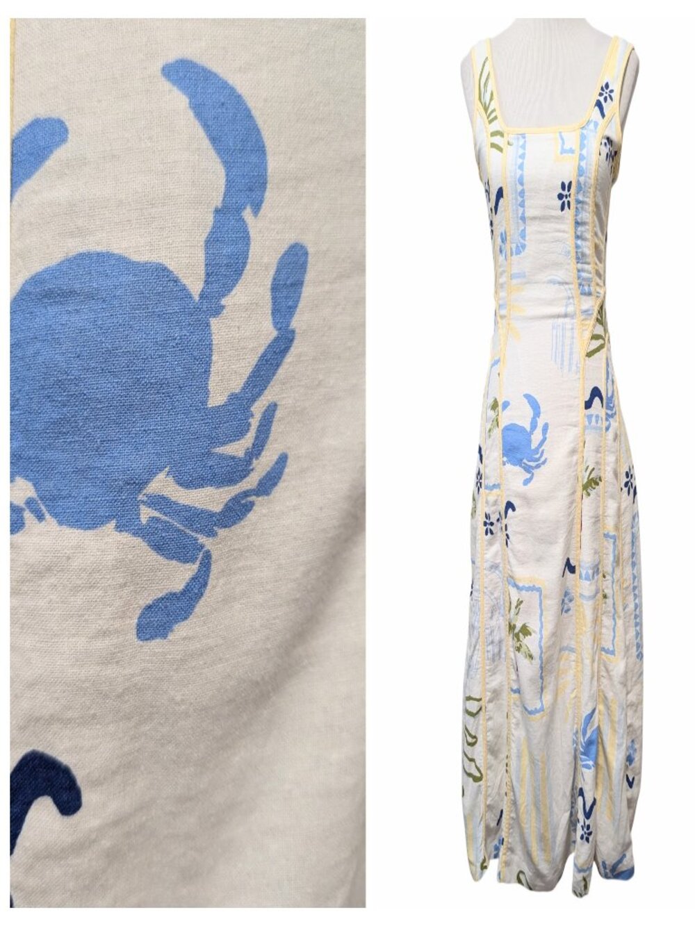 Caroline Costas Womens Size S Coastal Crab Linen Blend Sleeveless Midi Sun Dress